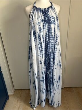 Elan Denim Blue and White Tie-Dye Backless Halter Maxi Dress Summer Swim Coverup